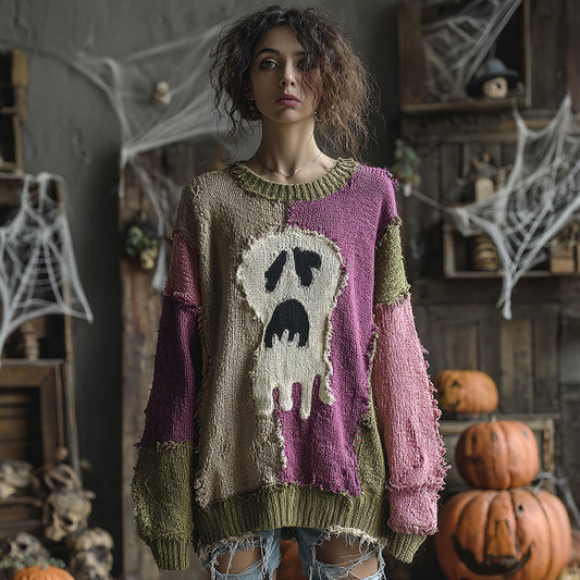 Halloween Ghost Contrast Stitched Cozy Knit Sweater artswardrobe