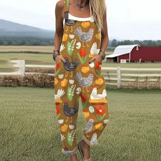 Women's Vintage Farm Chicken Print Casual Jumpsuit artswardrobe