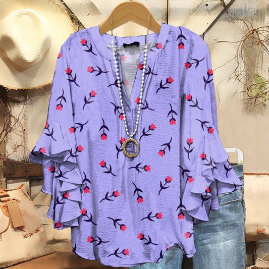 Women's Vintage Floral Art Print Casual Cotton And Linen Shirt