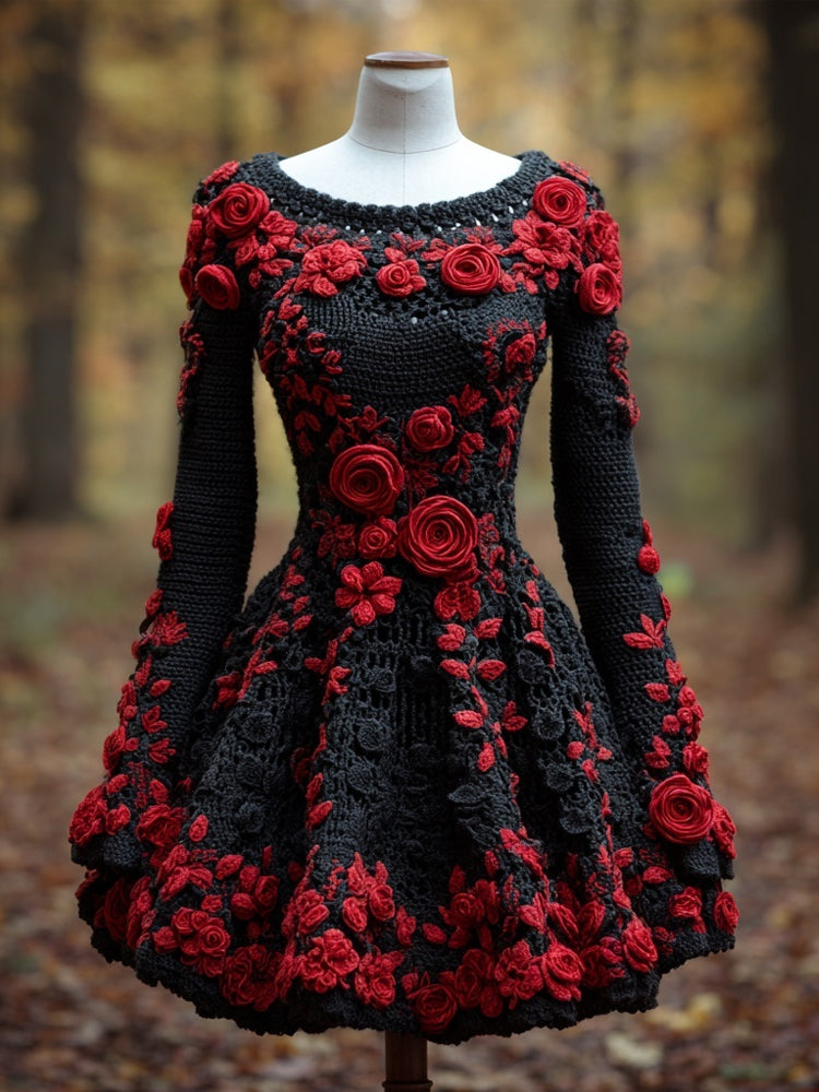 Vintage Gothic Roses Crochet Art Sweater Dress artswardrobe