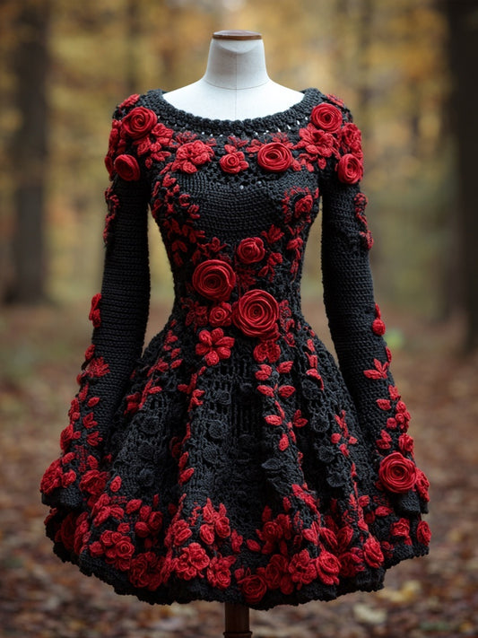 Comstylish Vintage Gothic Roses Crochet Art Sweater Dress