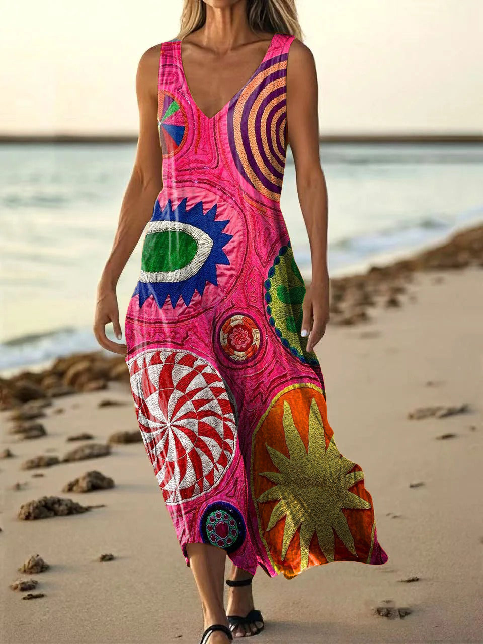 Women's Vintage Ethnic Floral Art Print Sleeveless V Neck Pocket Cotto