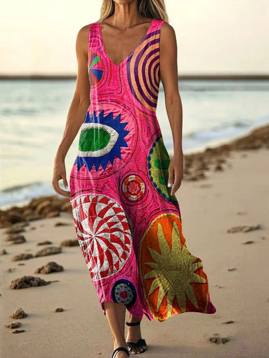 Women's Vintage Ethnic Floral Art Print Sleeveless V Neck Pocket Cotto