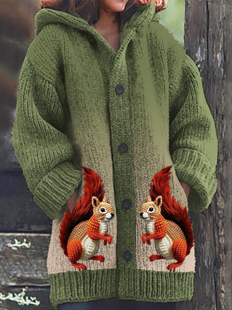 Mori Knit Squirrel Autumn Art Women's Cozy Hooded Cardigan artswardrobe