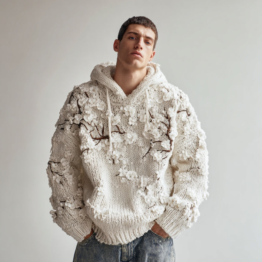 Men's Japanese White Almond Blossom Warm Hooded Sweater artswardrobe