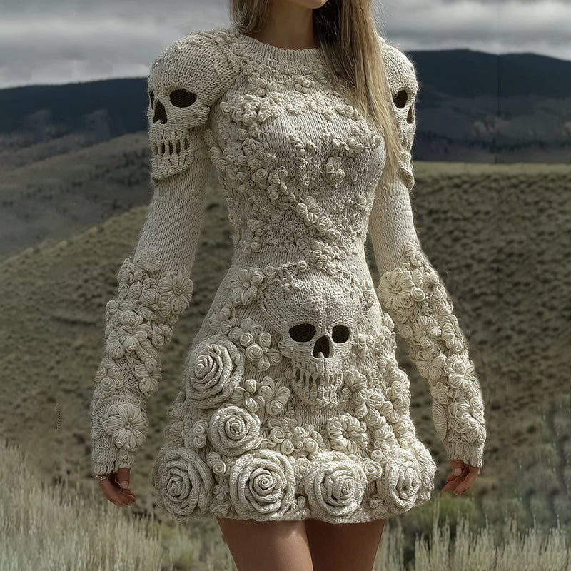 Women's Halloween Skull With Rose Pattern Art Cozy Knit Sweater Dress artswardrobe