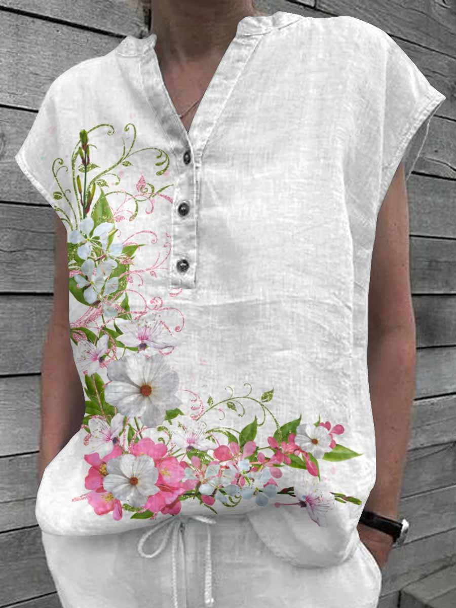 Women's Floral Art Casual Cotton Shirt Tops
