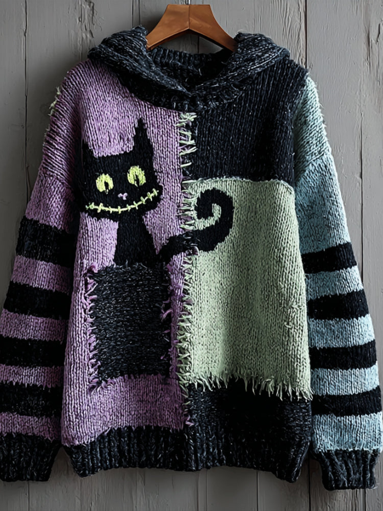 Halloween Pocket Black Cat Patchwork Color Hooded Sweater elevenforest