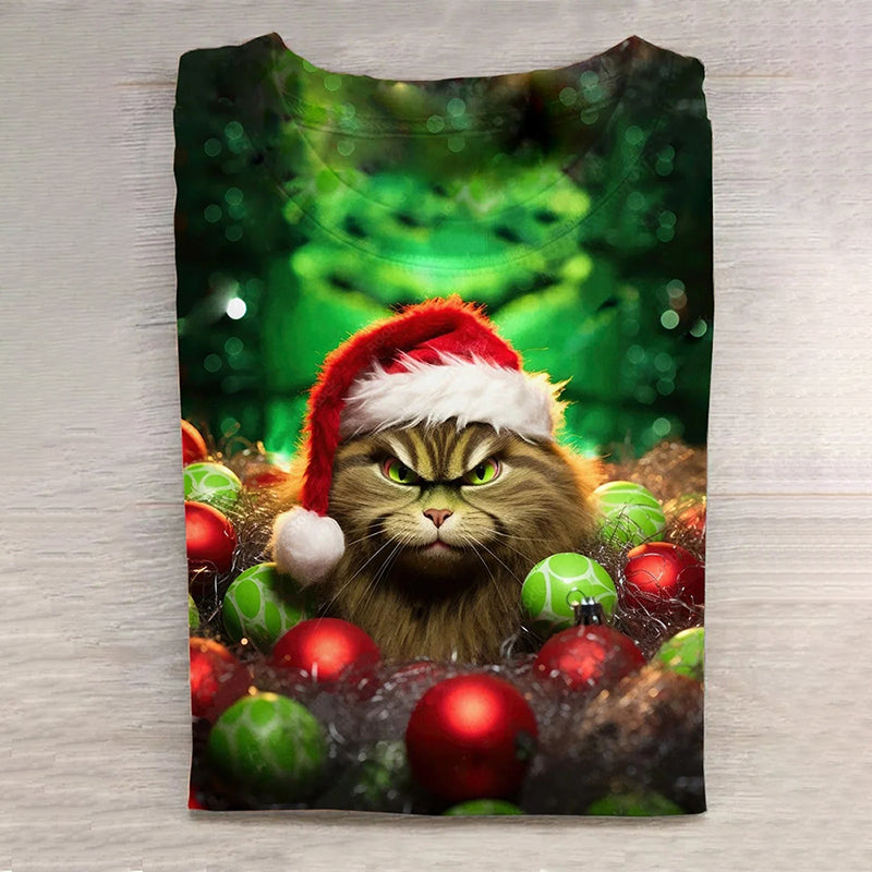 Christmas Cat Art Print Casual Long Sleeve T-Shirt elevenforest