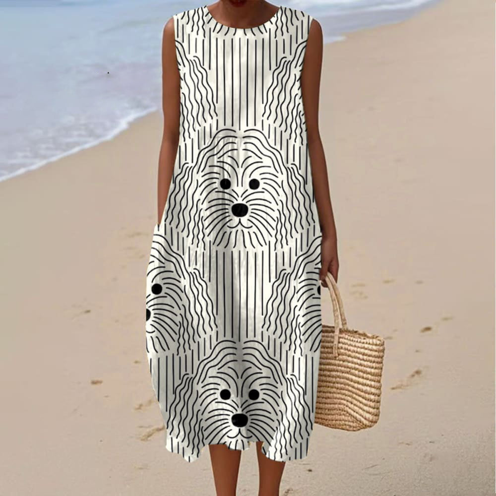 Comstylish Women's Retro Line Dog Art Print Sleeveless Dress