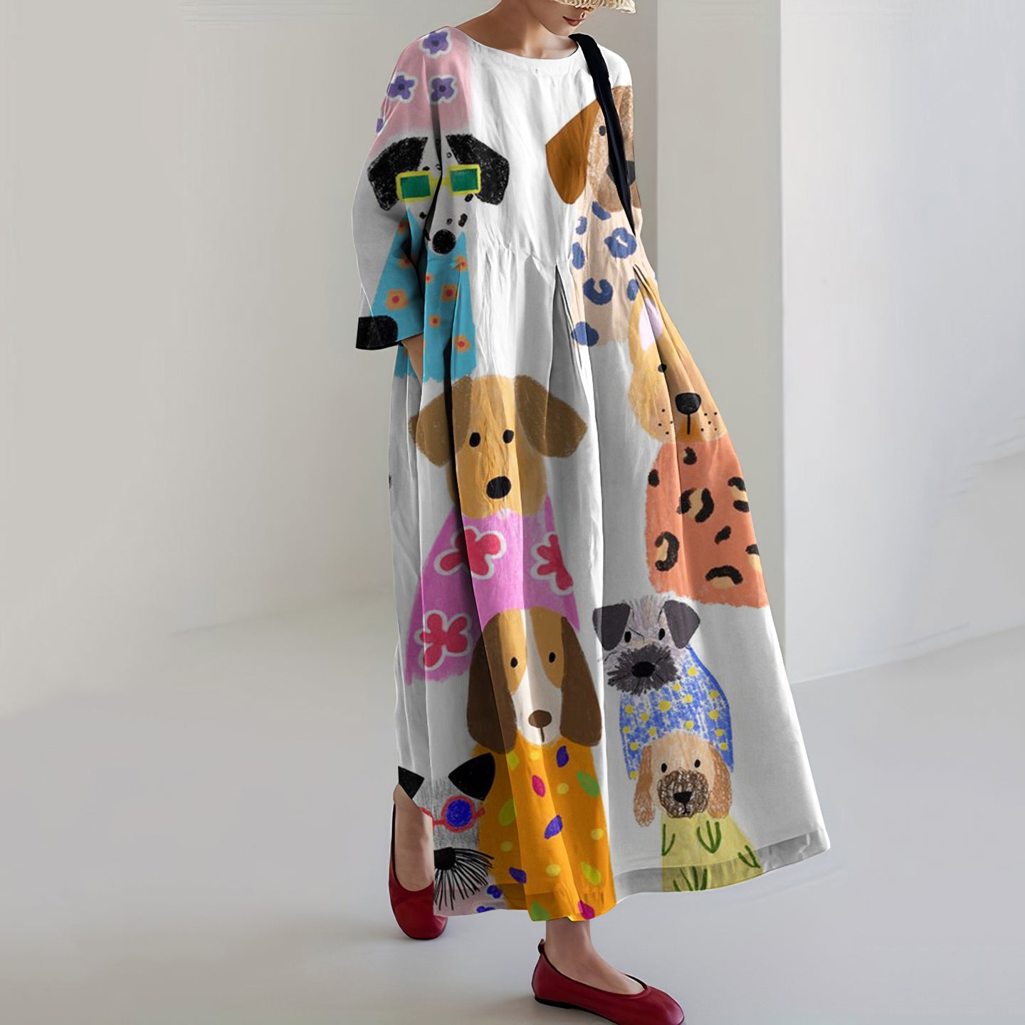 Comstylish Women's Colorful Cute Dogs Casual Long Sleeve Midi Dress