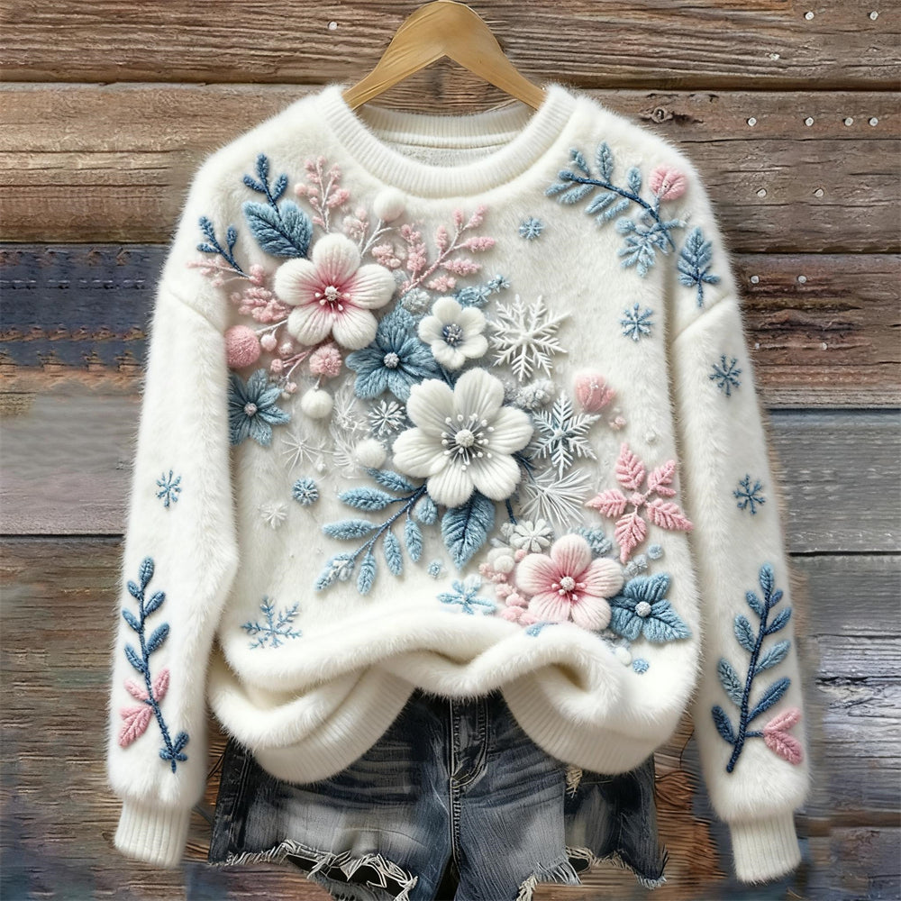 Comstylish Christmas Flowers Women's Cozy Plush Sweater