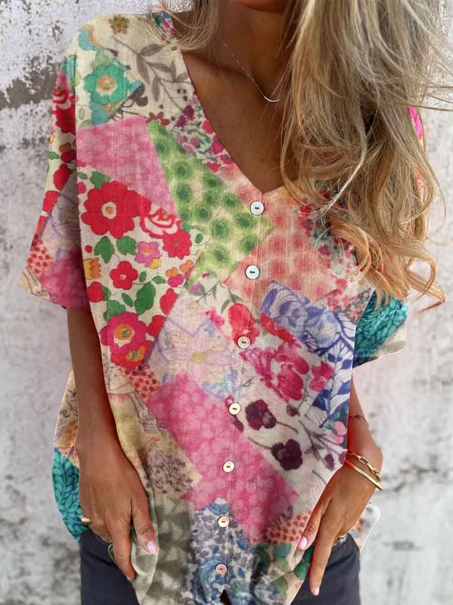 Women's Art Vintage Kantha Geometric Print Floral Shirt Style Cotton and Linen Top