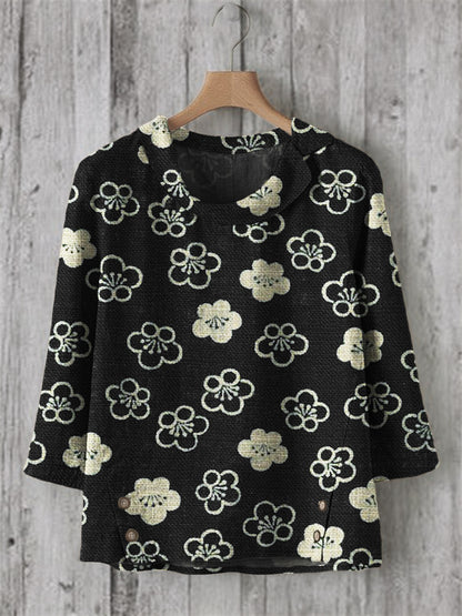 Comstylish Cherry Blossom Japanese Lino Pattern Linen Blend Tunic
