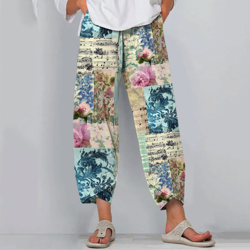Vintage Floral Print Linen Blend Pants artswardrobe