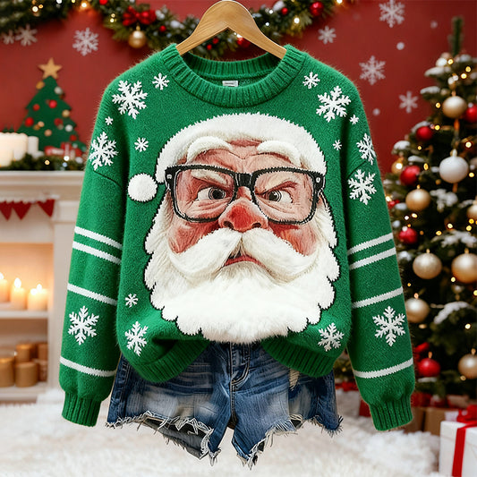 Comstylish Cute Santa Claus And Snowflake Pattern Warm Crew Neck Sweater