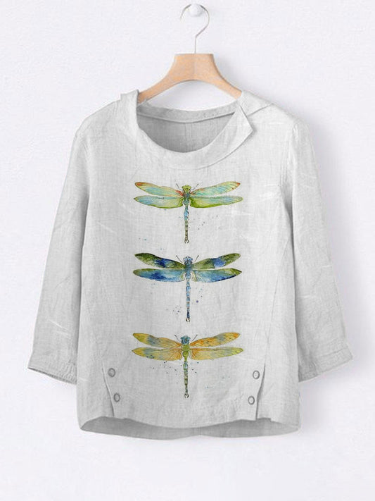Women's Casual Watercolor Dragonfly Tree Cotton Blend Print T-shirt
