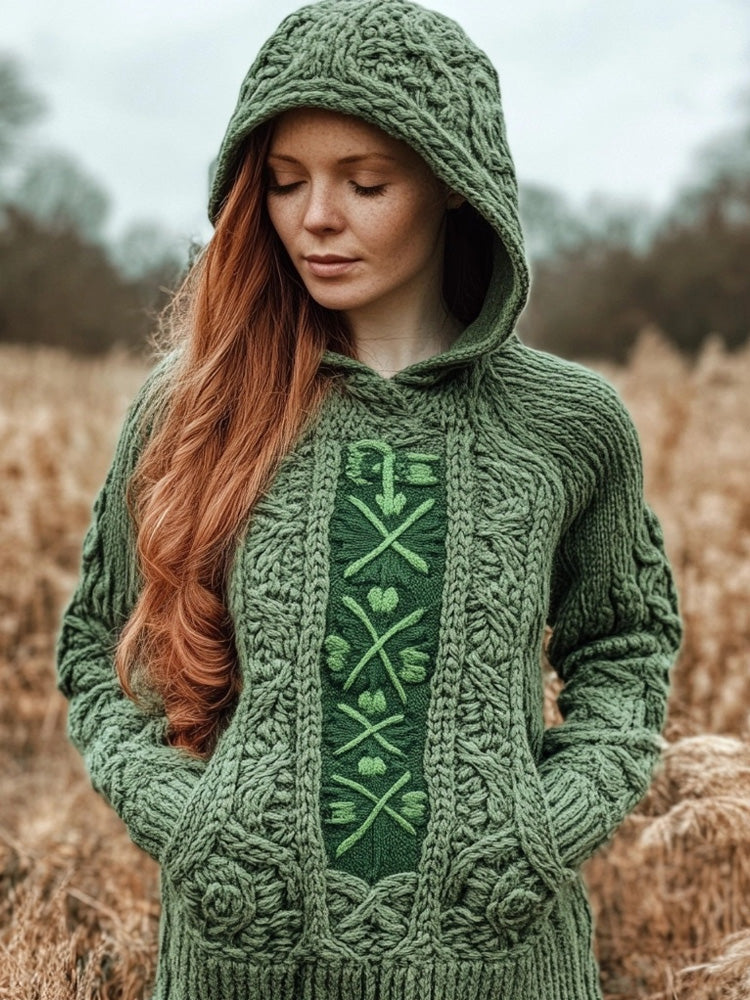 Irish Celtic Jacquard Cozy Chunky Hooded Sweater artswardrobe