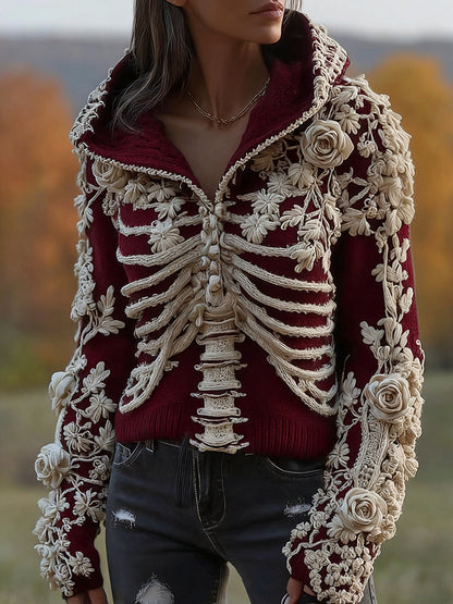 Women's  Halloween Skeleton Bones With Floral Art Knitted Warm Hooded Sweater artswardrobe