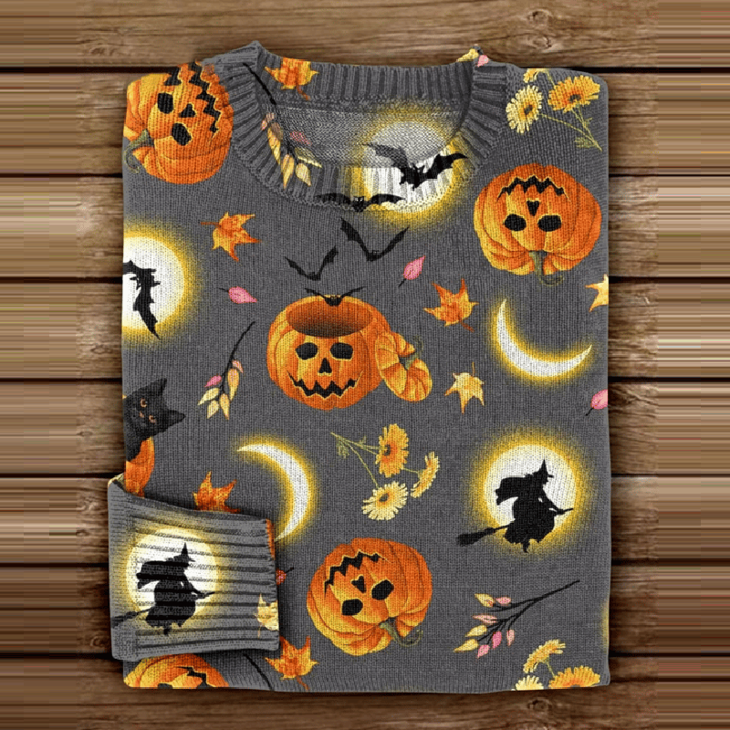Women's Halloween Pumpkin Print Casual Knitted Sweater artswardrobe