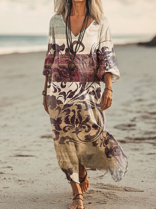 Women's Floral Embellished Pattern Art Print Pocket Cotton Dress