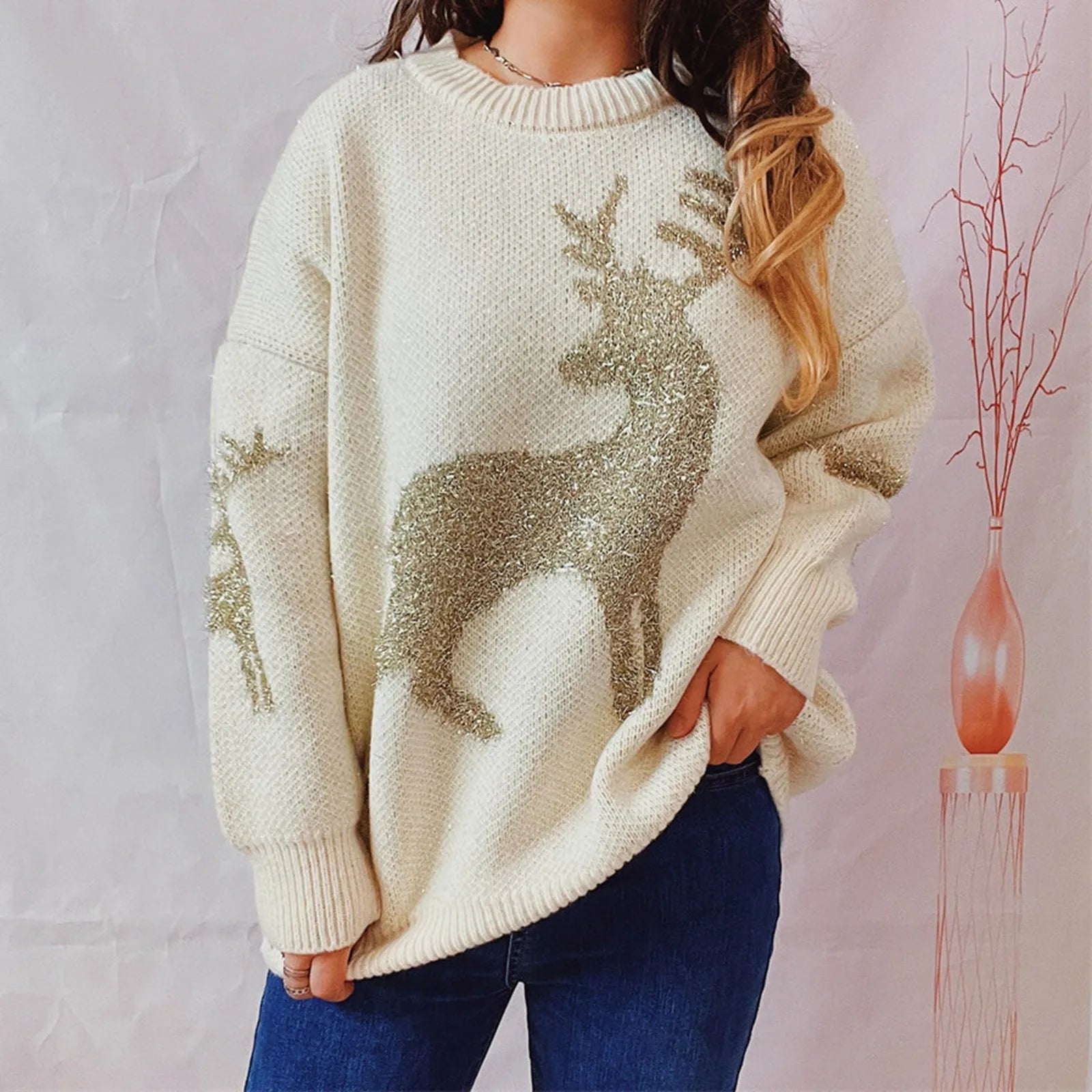 Elfriede® | Christmas deer crew neck knitted sweater for women