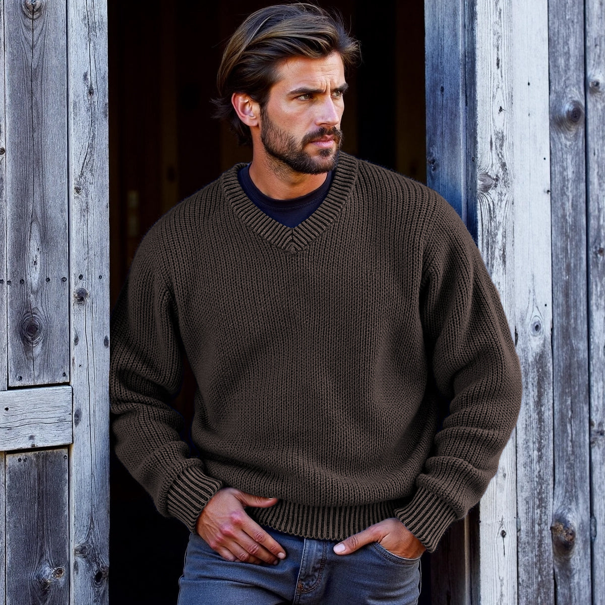 Men's Retro Solid Color V-Neck Sweater artswardrobe