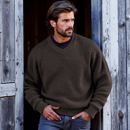 Men's Retro Solid Color V-Neck Sweater artswardrobe
