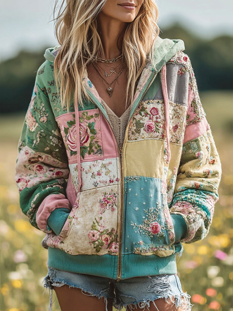 Women's Vintage Floral Patchwork Cozy Warm Zipper Hoodie artswardrobe