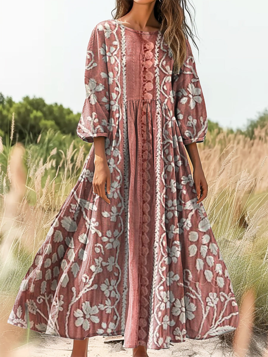 Women's Vintage Ethnic Floral Art Print Flowy Cotton Crew Neck Dress