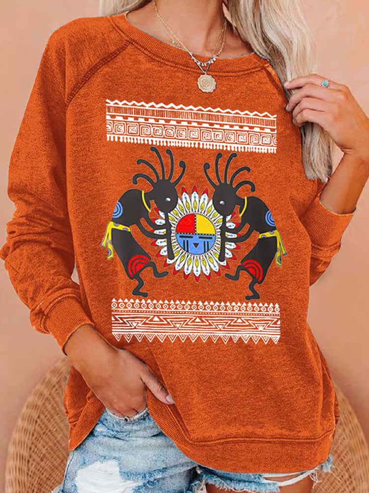 Comstylish Retro Native American Heritage Month Kachina Kokopelli Print Sweatshirt