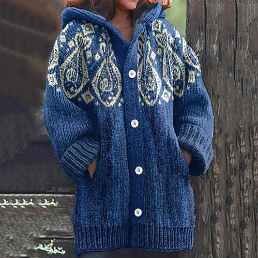 Vintage Contrast Jacquard Halibut Fish Art Button Down Cozy Sweater elevenforest