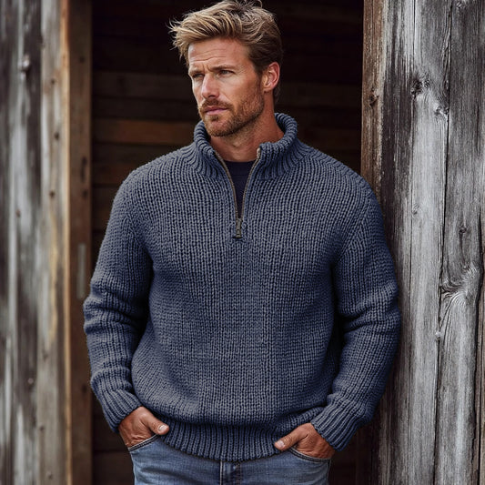 Men's Retro Solid Color Half Zip Collar Sweater elevenforest