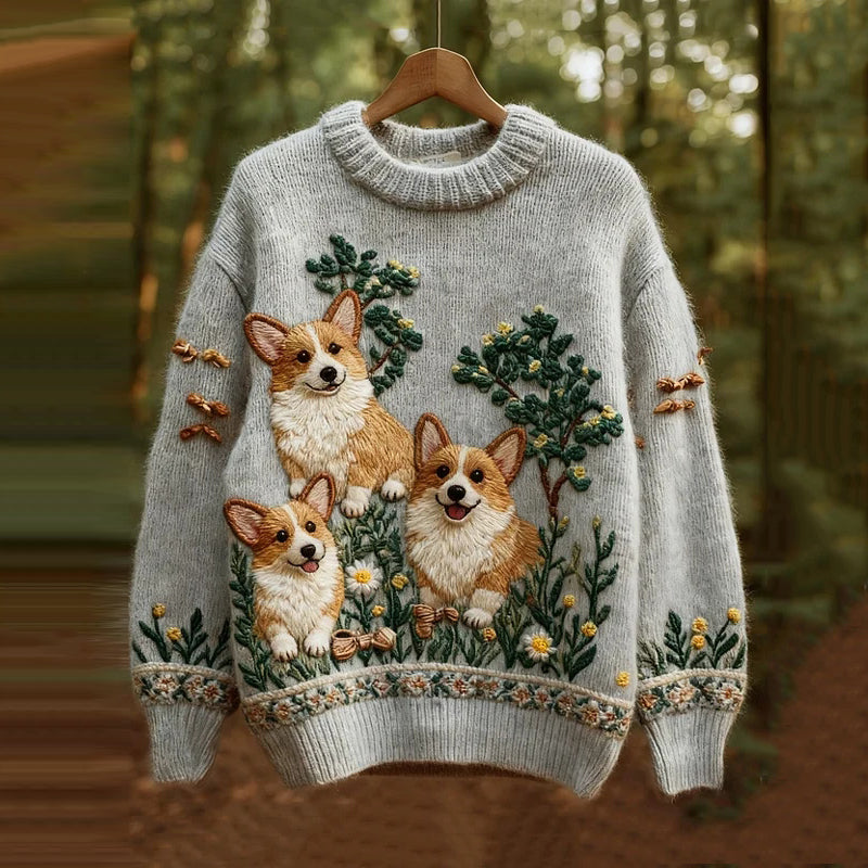 Comstylish Women's Corgi Floral Art Print Knit Sweater