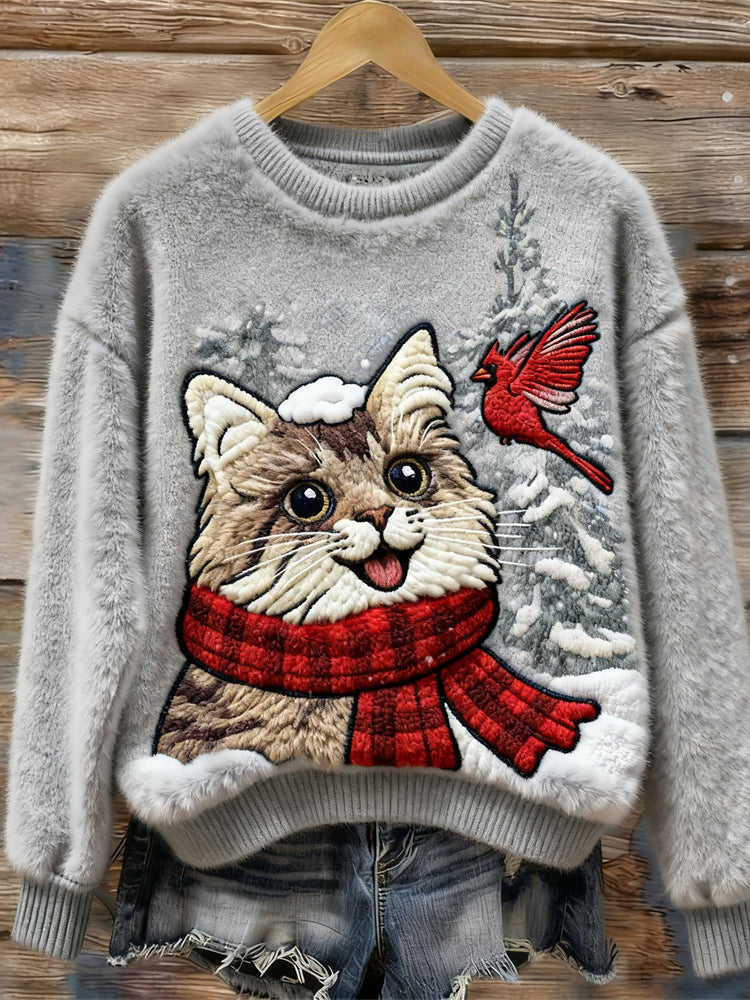 Comstylish Christmas Cat & Bird Embroidered Women's Plush Sweater