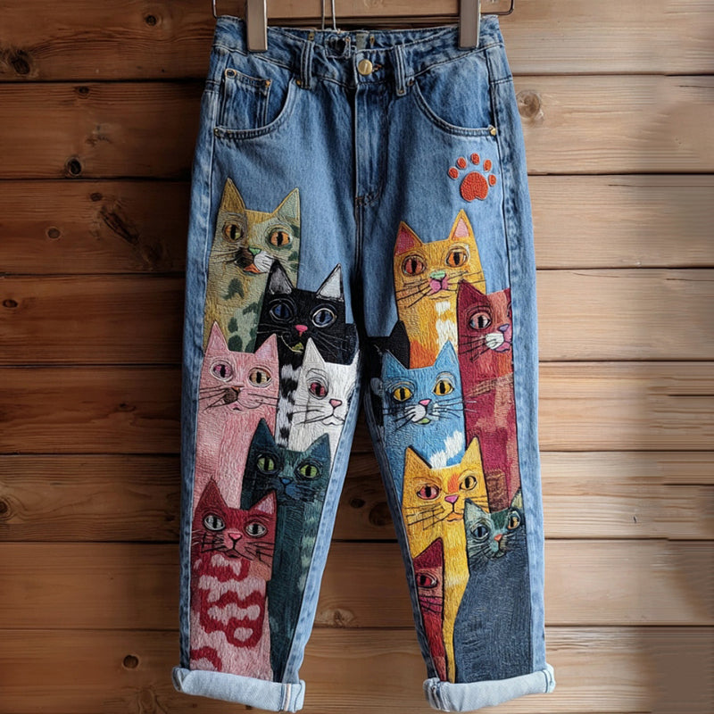 Comstylish Vintage Colored Cat Embroidered Washed Jeans