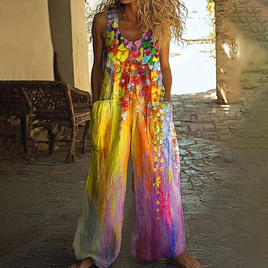 Women's Oil Painting Floral Print Wide Leg Jumpsuit artswardrobe