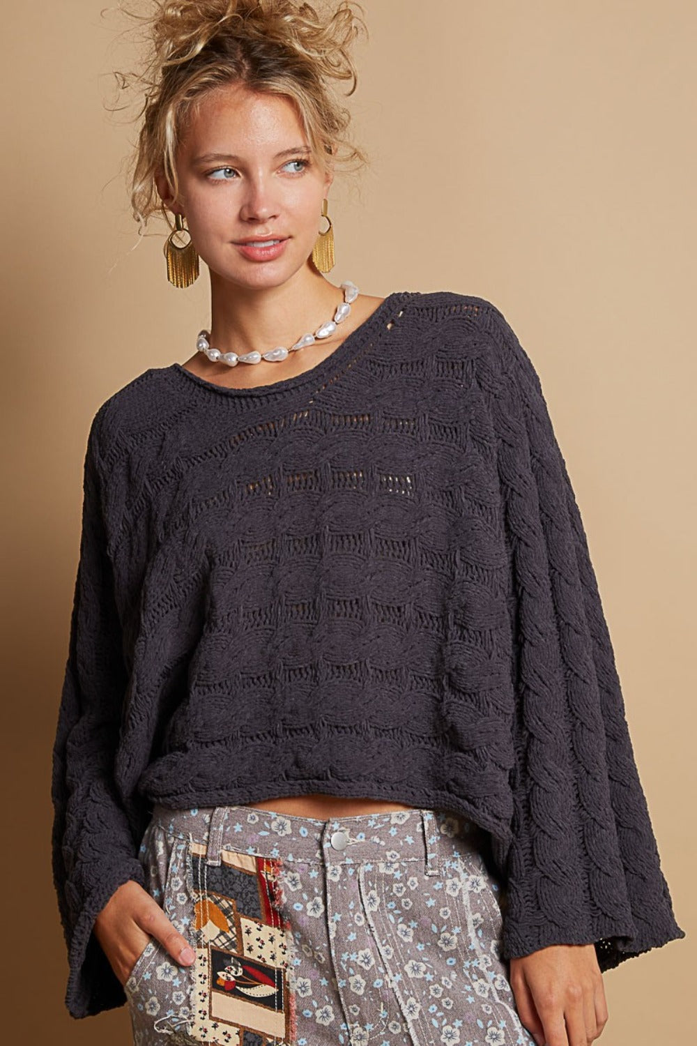 Damaris® | Short sweater with a crew neck and cable knit