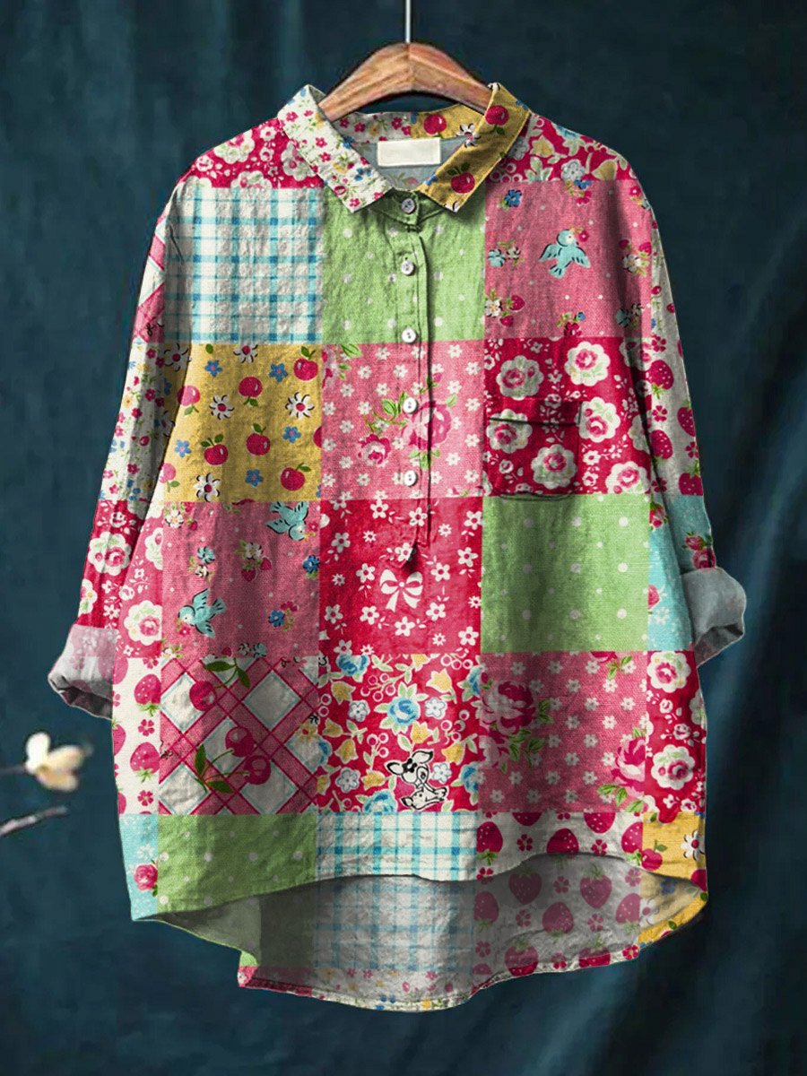 Vintage Lovely Floral Art Print Casual Cotton And Linen Shirt