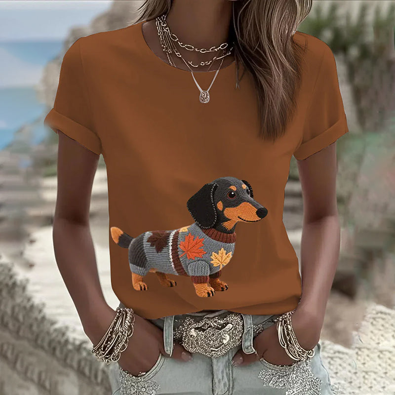 Comstylish Women's Classic Dachshund Inspired Painting Embroidered Casual Linen T-shirt