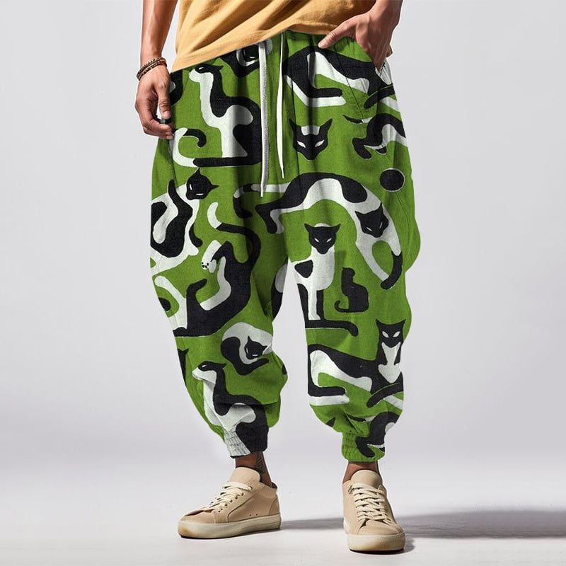 Japanese Art Cat Print Drawstring Waist Sweatpants elevenforest