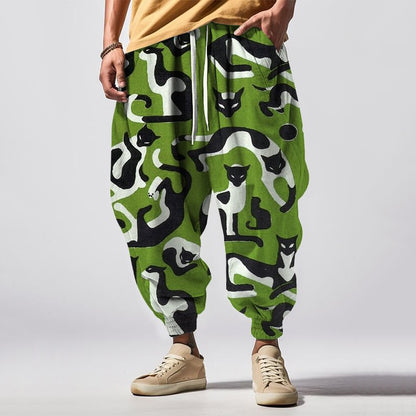 Japanese Art Cat Print Drawstring Waist Sweatpants elevenforest