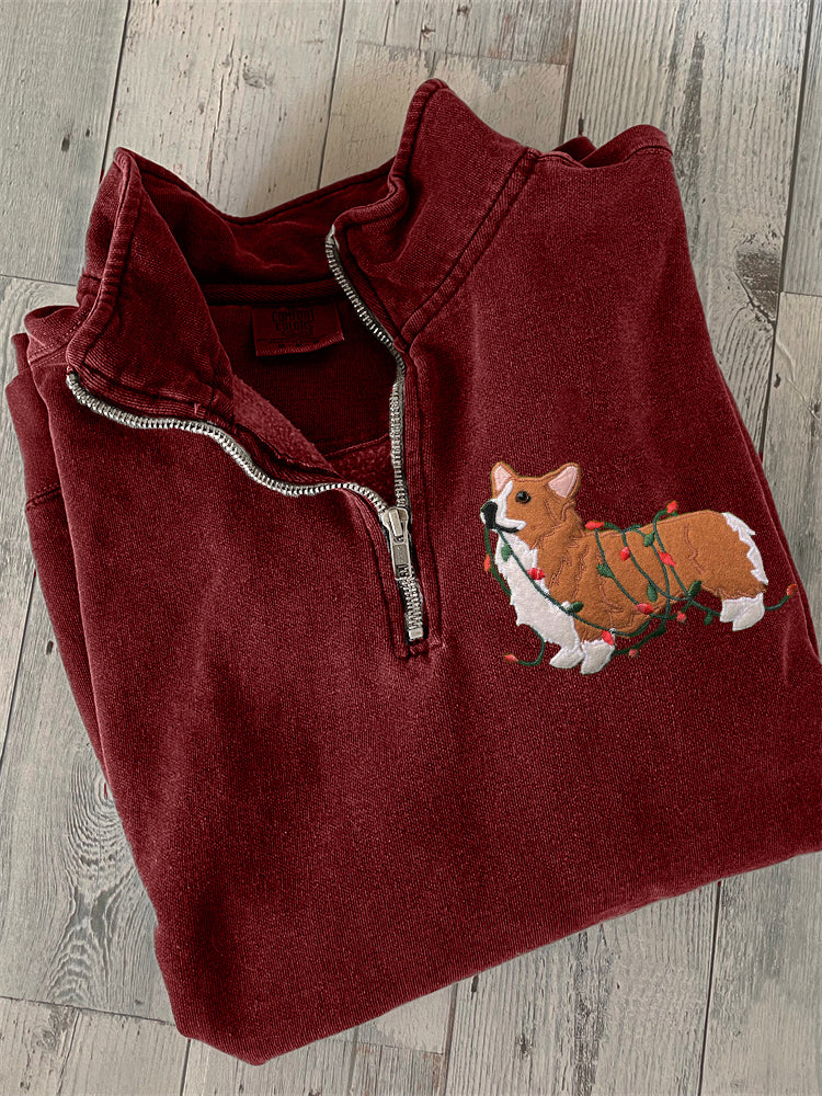 Comstylish Funny Christmas Corgi Dog Embroidered Zip Up Sweatshirt