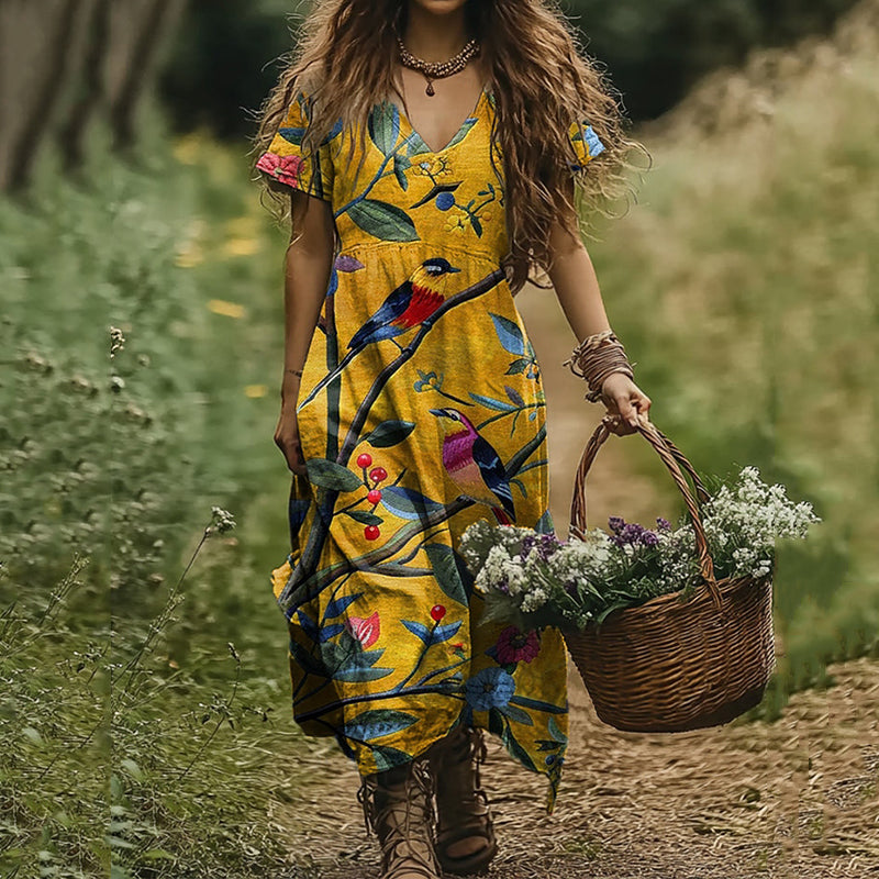 Women's Vintage Floral Bird Print V-neck Loose Midi Dress artswardrobe