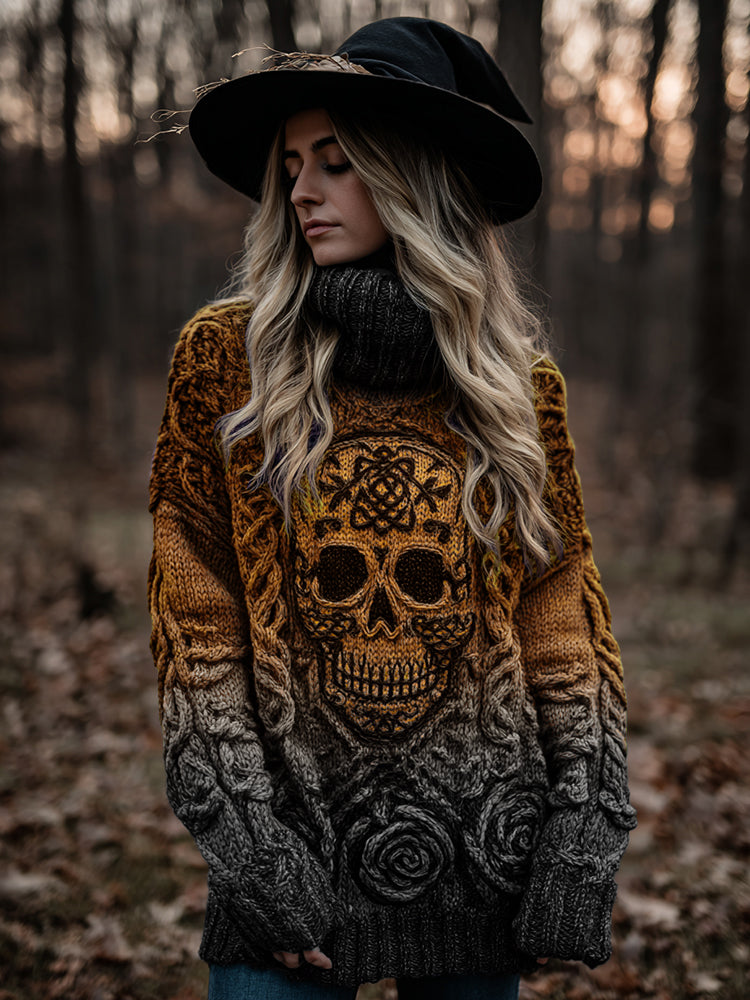 Women's Viking Tribal Jacquard Celtic With Rose And Skull Inspired Chunky Knit Hooded Sweater elevenforest