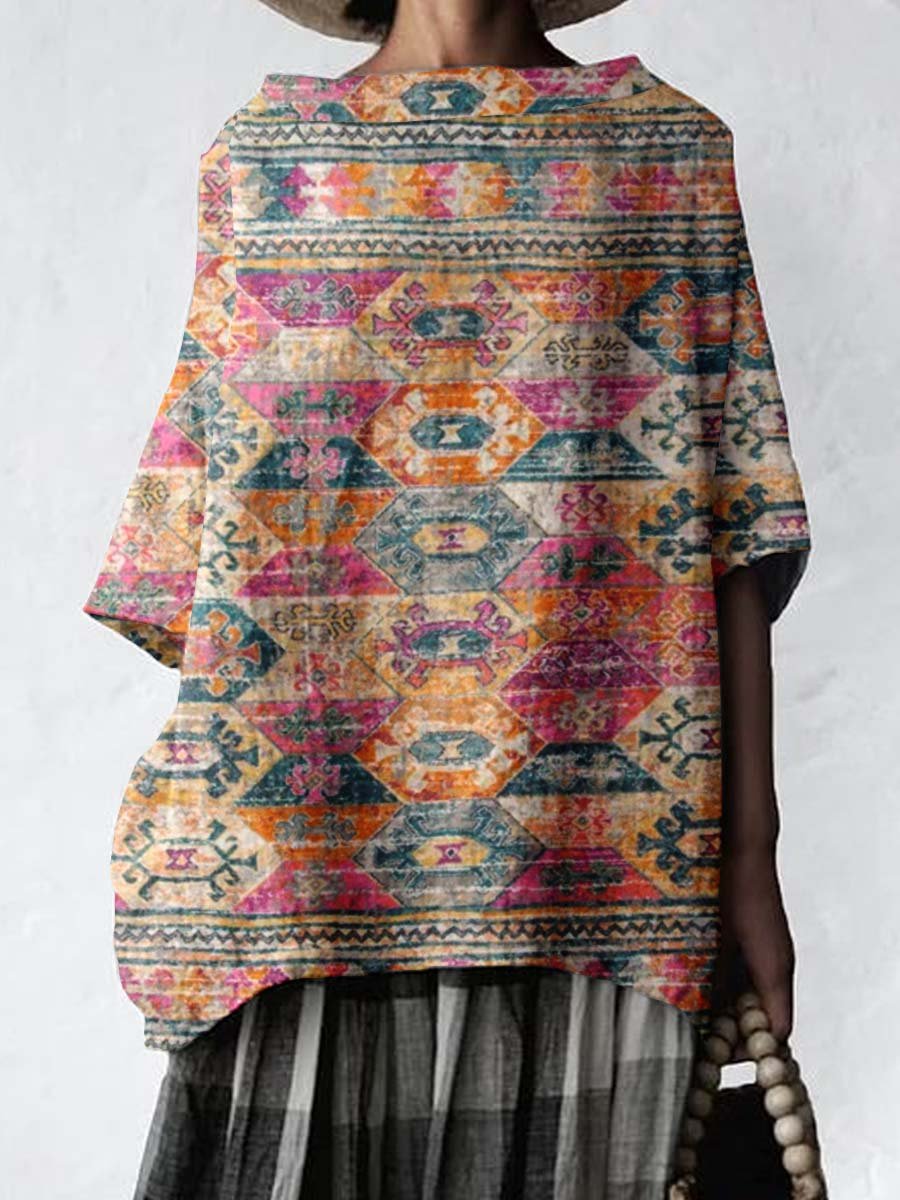 Women's Classic Retro Art Geometric Pattern Cotton and Linen Top