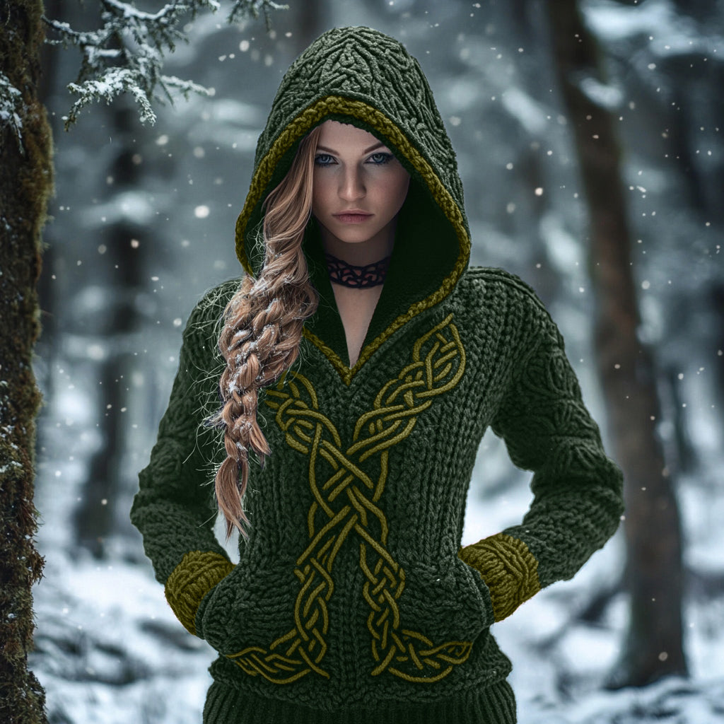 Women's Viking Celtic Knot Jacquard Knit Hooded Sweater artswardrobe