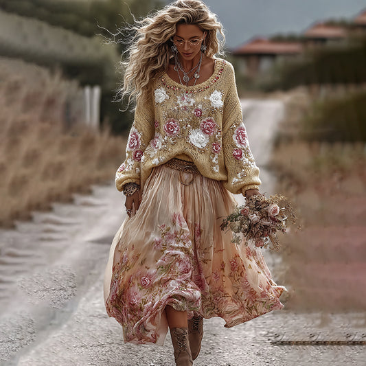 Classic Rose In Gradient Yellow Art Cozy Knit Round Neck Sweater And Linen Skirt Two-piece Set elevenforest