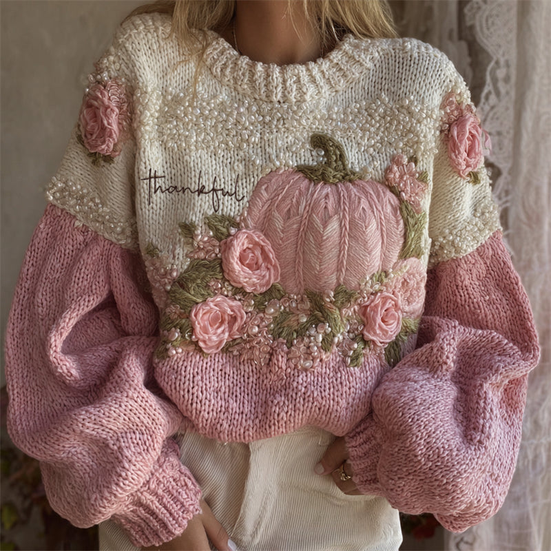 Thankful Embroidered Thanksgiving Pink Pumpkins Floral Cozy Knit Sweater artswardrobe