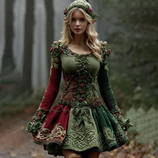 Women's Christmas Holly Leaf Berry Celtic Knot Midi Sweater Dress artswardrobe